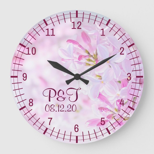 Relógio Grande Flores lilás cor-de-rosa (Frente)