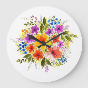 Relógio Grande Flores pintadas à mão, buquê de aquarela brilhante