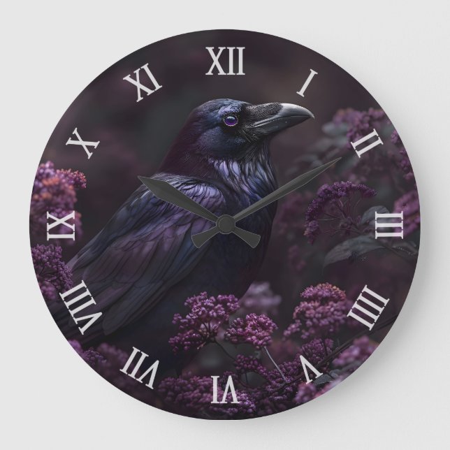 Relógio Grande Flores Raven Roxo Gótica (Frente)