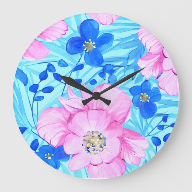 Relógio Grande Flores Rosa e Azul (Frente)