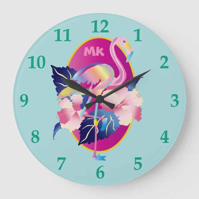 Relógio Grande Flores tropicais do hibiscus do flamingo (Frente)