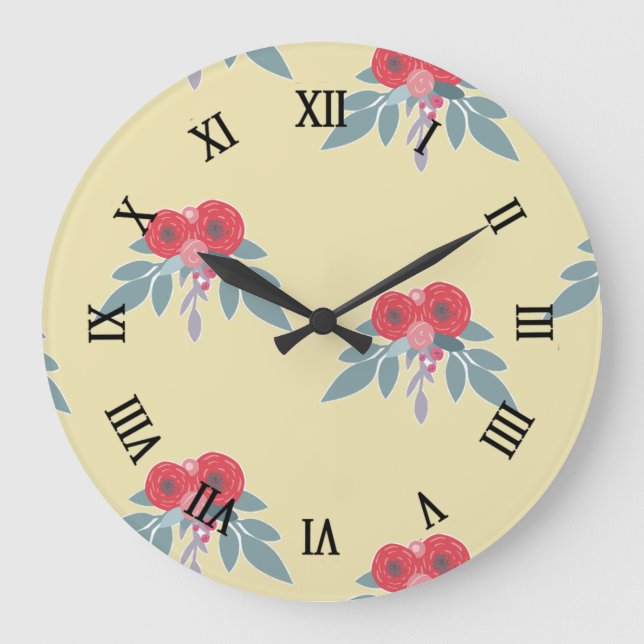 Relógio Grande Flores vermelhas e folhas verdes em castanho (Frente)