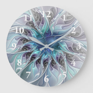 Relógio Grande Florescer Floral Fractal Moderno Abstrato Com Azul