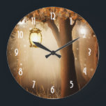 Relógio Grande Floresta Mágica com Luzes Fadas<br><div class="desc">Um relógio com uma ilustração quimicamente encantadora em cores ricas marrom e amarelo. Uma floresta mística mágica com uma grande árvore segurando uma lanterna antiquada. Luzes de fada dançando ao redor. Uma design maravilhosa e encantadora.</div>