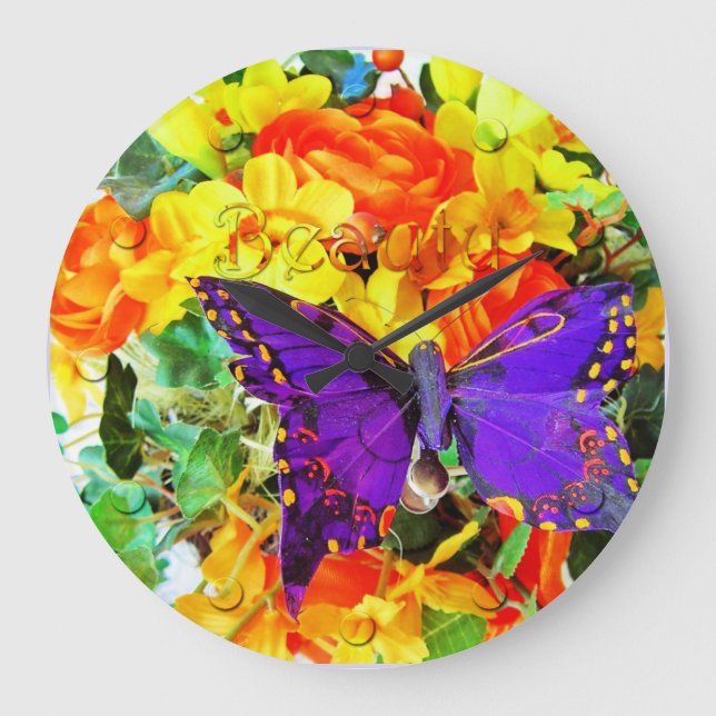 Relógio Grande Flower Garden Purple Butterfly Clock (Frente)