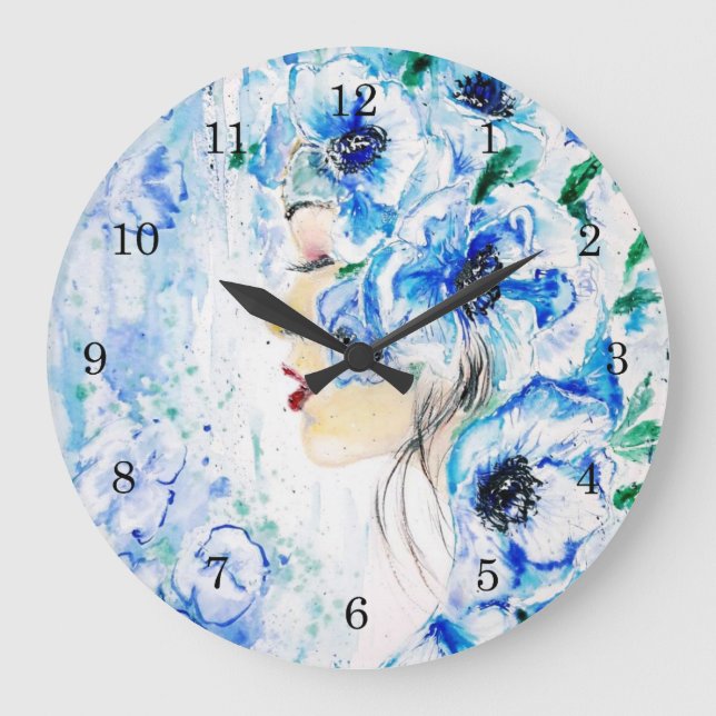 Relógio Grande Flowers Girl Wall Clock - Blue Fantasy - Pintura (Frente)