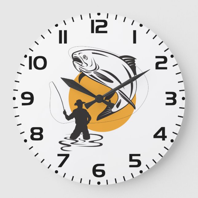 Relógio Grande Fly Fishing Trout Sunset Silhouette (Frente)