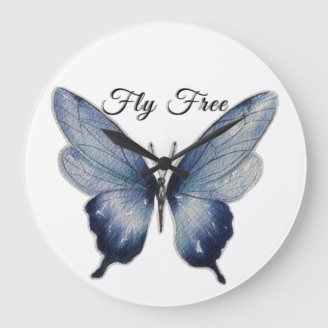 Relógio Grande Fly Free – Blue Butterfly Art Design (Frente)