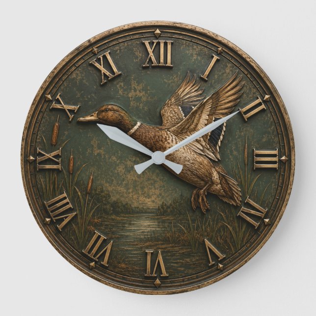 Relógio Grande Flying Duck Rustic Waterfowl Hunting Cabin Decor (Frente)