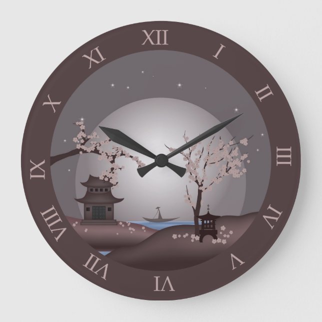 Relógio Grande Folha-de-lua-asiática florescer pagode arte digita (Frente)