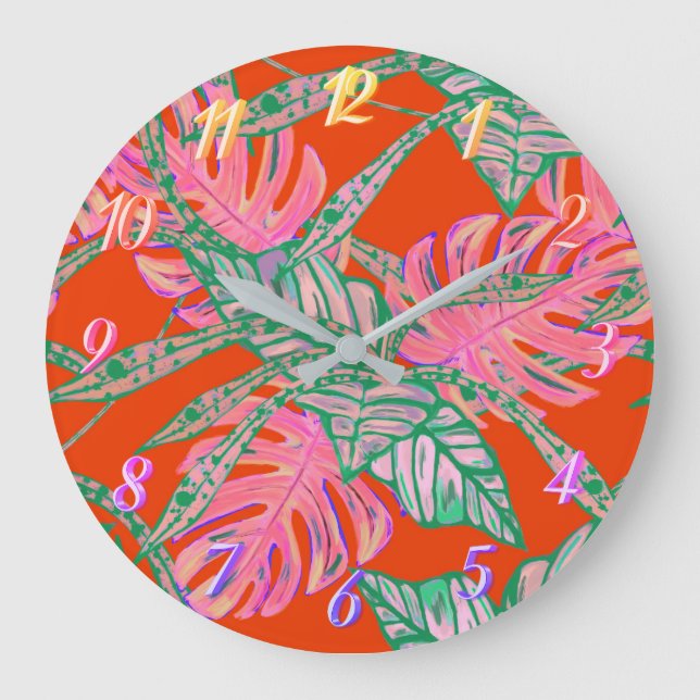 Relógio Grande Folha de palma monstera coleira vermelho-fogo trop (Frente)