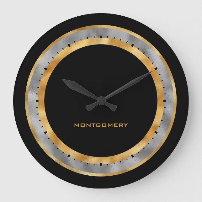 Relógio Grande Folha de prata Dourada preta elegante personalizad (Frente)