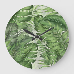 Relógio Grande Folhas da selva tropical: fundo floral sem costura