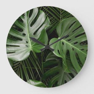 Relógio Grande Folhas de Monstera, layout tropical de luxo.