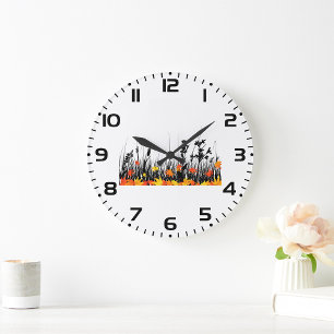 Relógio Grande Folhas de outono e Silhueta de grama selvagem