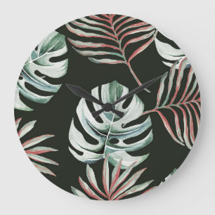 Relógio Grande Folhas de palma, monstera: aquarela tropical.