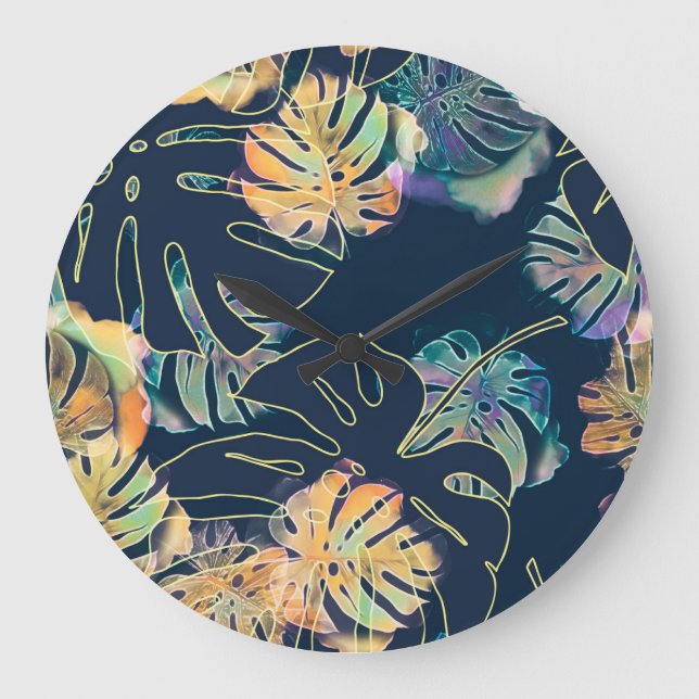 Relógio Grande Folhas exóticas pintadas à mão: padrão sem costura (Frente)