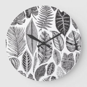 Relógio Grande Folhas exóticas, preto e branco floral vintage.