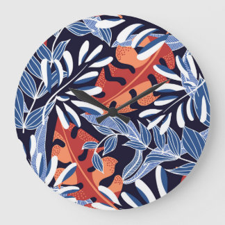 Relógio Grande Folhas tropicais coloridas com fundo azul