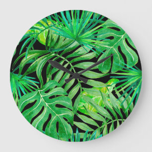 Relógio Grande Folhas Tropicais De Aquarela: Elegância Sem Costur