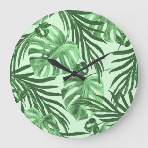 Relógio Grande Folhas tropicais e flores, padrão de aquarela.