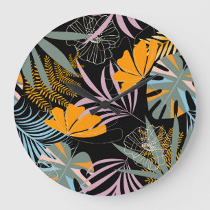 Relógio Grande Folhas Tropicais: Impressão de Vintage Escuro.