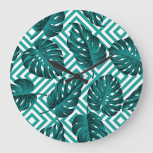Relógio Grande Folhas Tropicais: Padrão Invisível Floral.