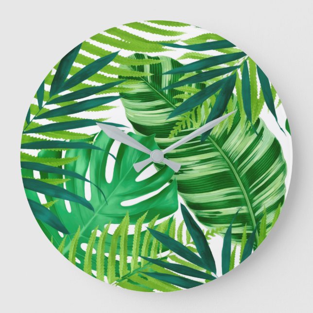 Relógio Grande Folhas Tropicais Verdes  (Frente)