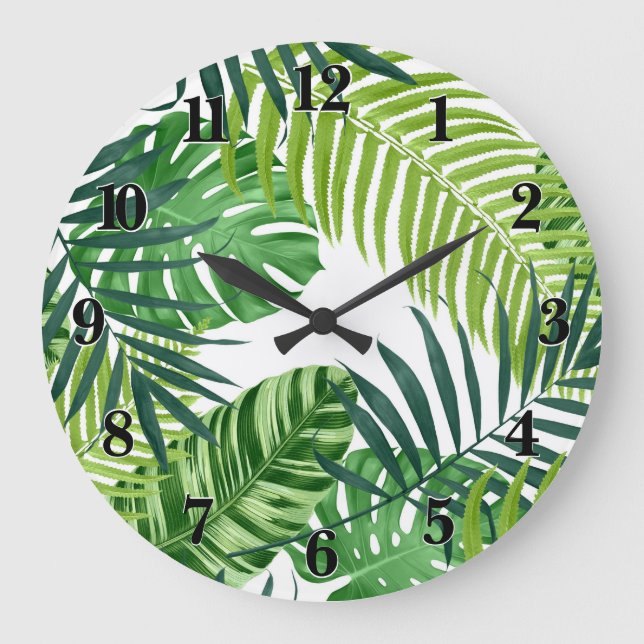 Relógio Grande Folhas Tropicais Verdes (Frente)