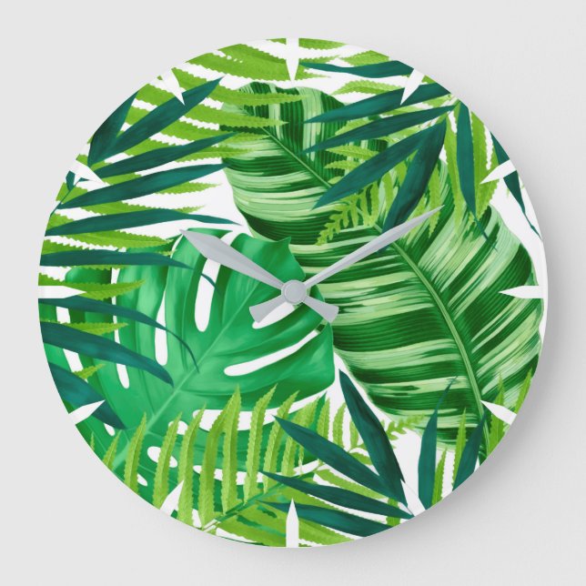 Relógio Grande Folhas Tropicais Verdes (Frente)