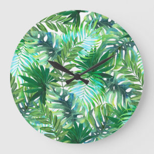 Relógio Grande Folhas Verdes Tropicais, Sem Água.
