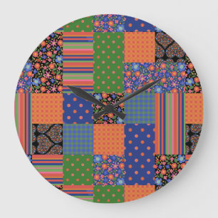 Relógio Grande Folk Art Style Faux Patchwork Acrylic Wall Clock