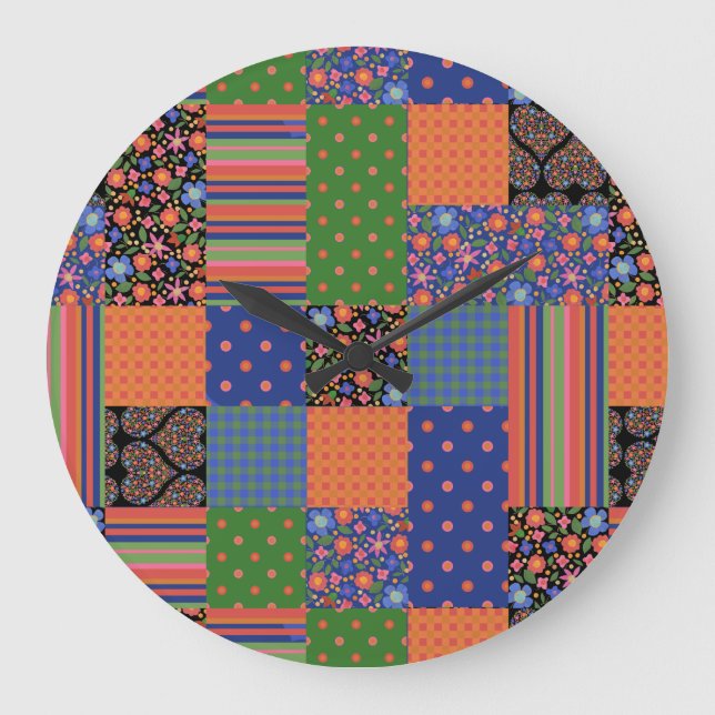 Relógio Grande Folk Art Style Faux Patchwork Acrylic Wall Clock (Frente)