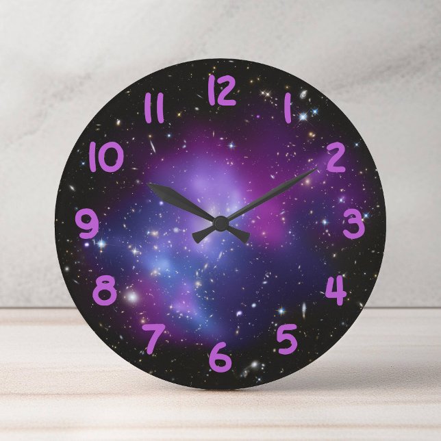 Relógio Grande Foto Celestial do Aglomerado de Galáxias Roxo (Purple Galaxy Cluster Celestial Photo Large Clock)