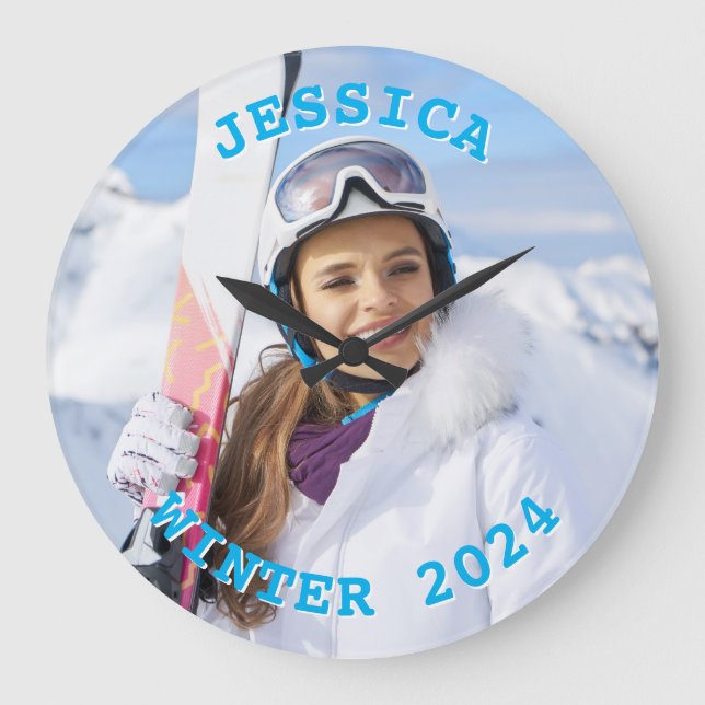 Relógio Grande Foto da Família de Texto Azul do Céu Personalizado (Frente)