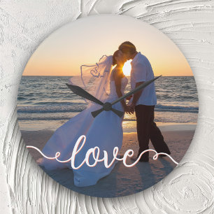 Relógio Grande Foto de casamento ao pôr do sol na praia com letra