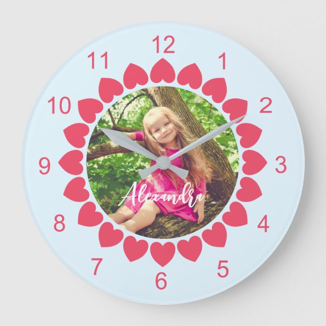 Relógio Grande Foto Personalizada com Círculo de Corações Peachy (Frente)
