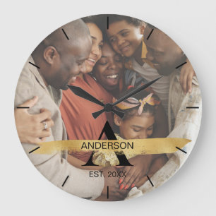 Relógio Grande Foto Personalizada da Família com Monograma Dourad