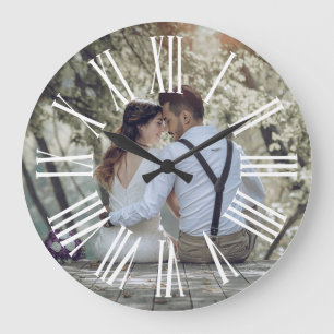 Relógio Grande Foto Personalizada de Casal de Casamento Rústico