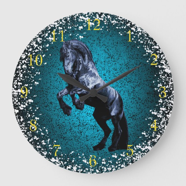 Relógio Grande Friesian horse, black beauty, snow, blue granite (Frente)