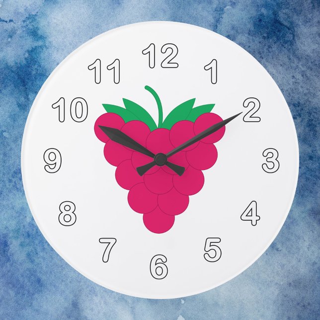 Relógio Grande Fruta Rosa Framboesa com Números (A clock with a graphic of a pink raspberry and white numbers with a black outline.)