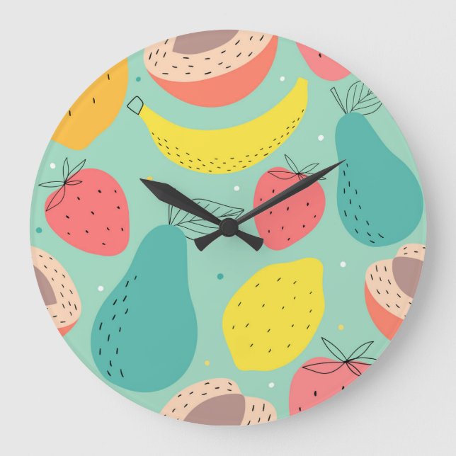 Relógio Grande Frutas desenhadas à mão, padrão decorativo sem cos (Frente)