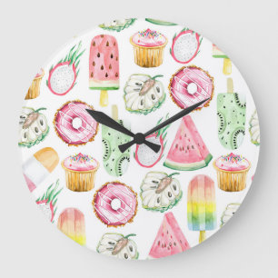 Relógio Grande Frutas tropicais de aquarela, padrão de sorvete.