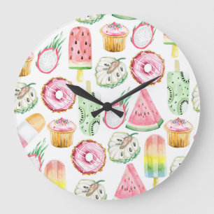 Relógio Grande Frutas tropicais de aquarela, padrão de sorvete.