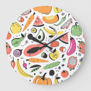 Relógio Grande Frutas, vegetais desenhados à mão.