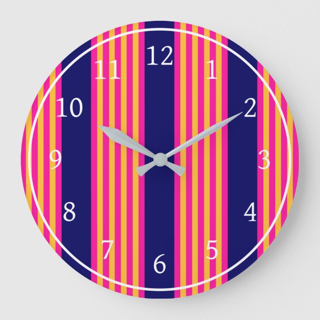 Relógio Grande Fuchsia e listras amarelas com azul-marinho (Frente)