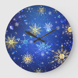 Relógio Grande Fundo Azul XMAS com Flocos de Neve Ouro