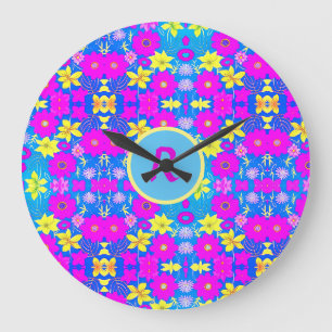 Relógio Grande Fundo com padrão de flores rosa azul amarelo adici