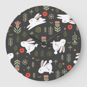 Relógio Grande Fundo escuro, coelhos brancos, vintage floral.