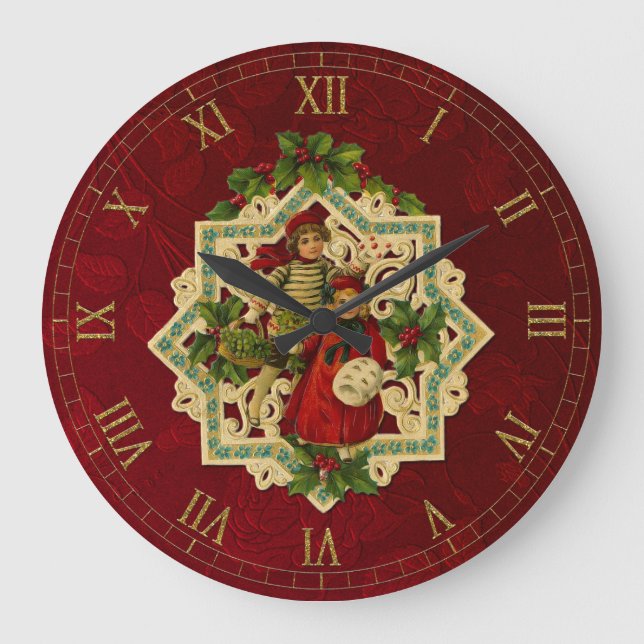 Relógio Grande Fundo floral vermelho das crianças | do natal (Frente)